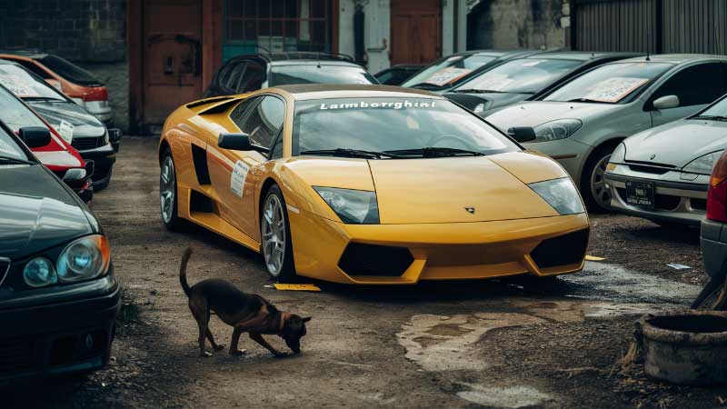 Gelber Lamborghini auf dem Hof eines Autohändlers
